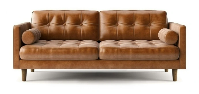 a brown leather couch sitting on top of a white floor
